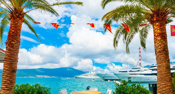 Photo of beautiful sea promenade with palms in Tivat, Montenegro.