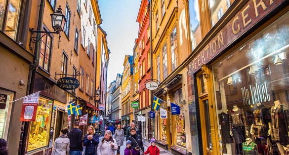  Stockholm central shopping street of Gamla Stan . Gamla Stan is the well-preserved old town centre of Stockholm.