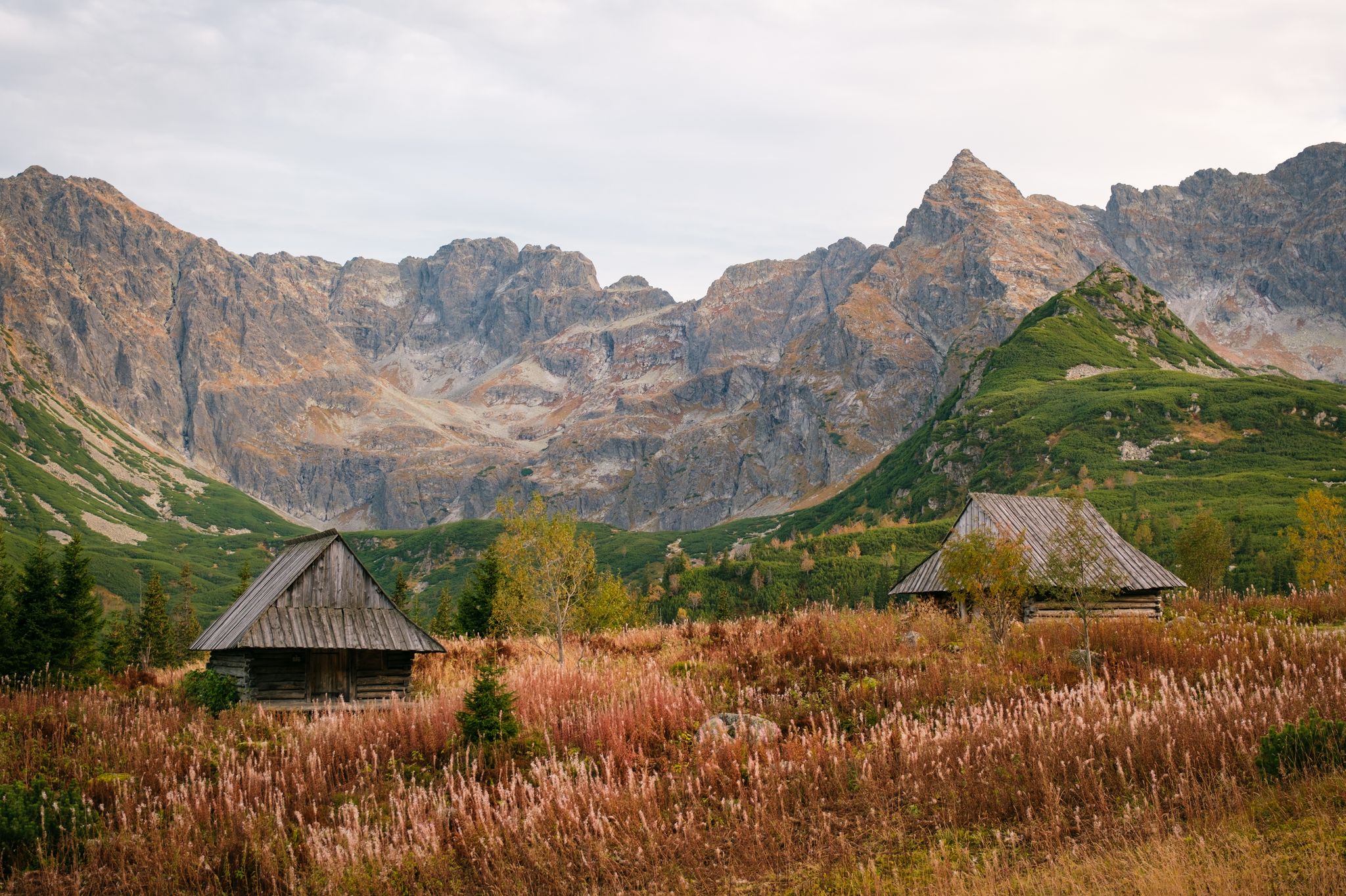 View of the Tatra Mountains and huts at Dolina Gąsienicowa, in Zakopane, Poland