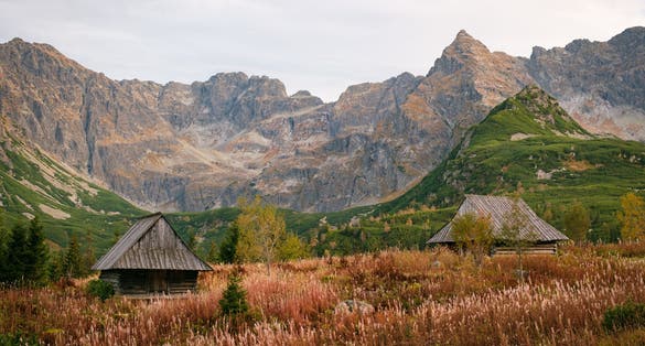 View of the Tatra Mountains and huts at Dolina Gąsienicowa, in Zakopane, Poland
