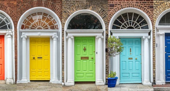 Panoramic rainbow colors collection of doors in Dublin, Ireland.