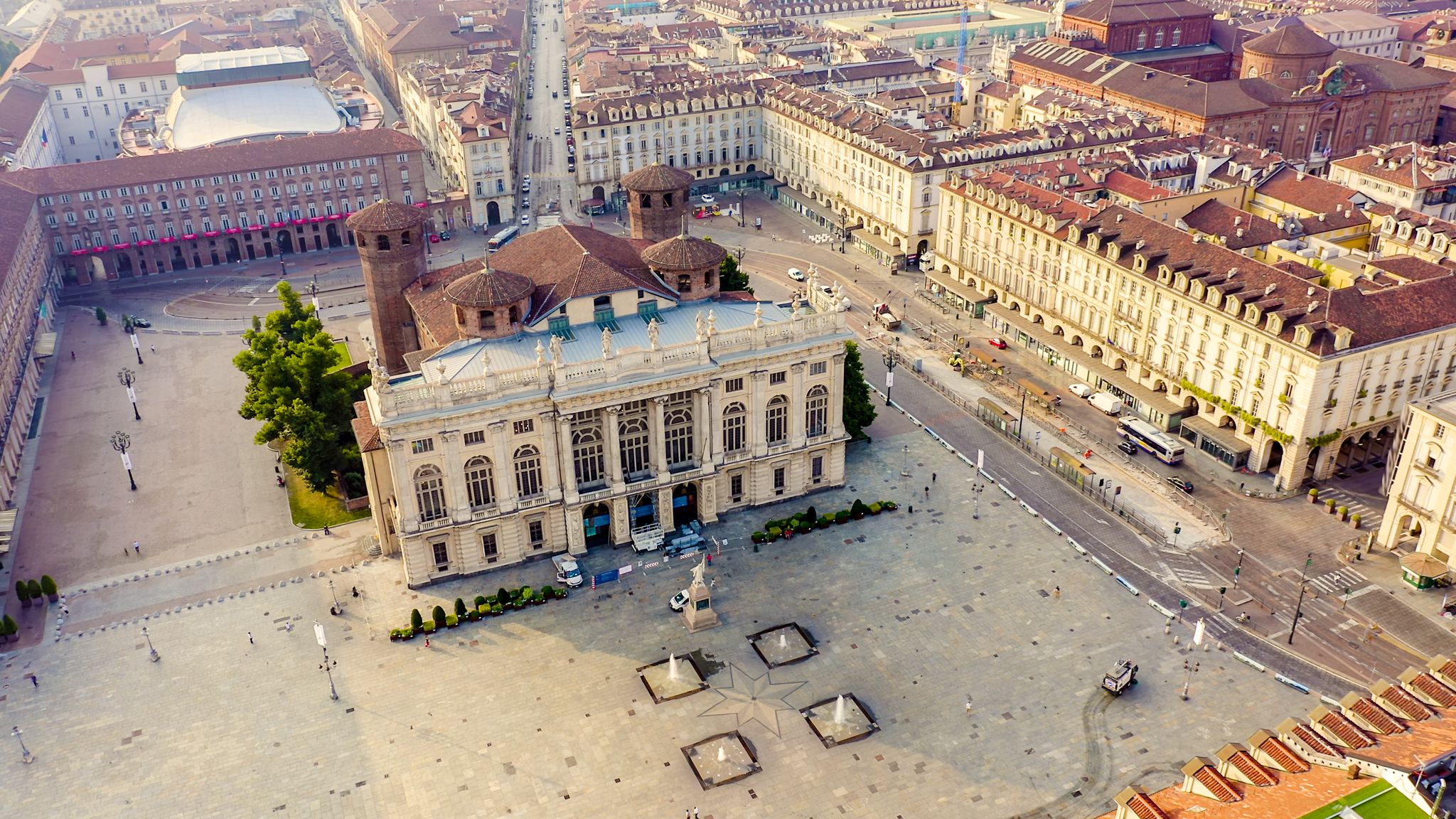 photo of Turin, Italy. Flight over the city. Historical center, top view. Palazzo Madama, Aerial View