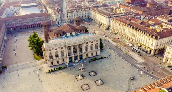 photo of Turin, Italy. Flight over the city. Historical center, top view. Palazzo Madama, Aerial View