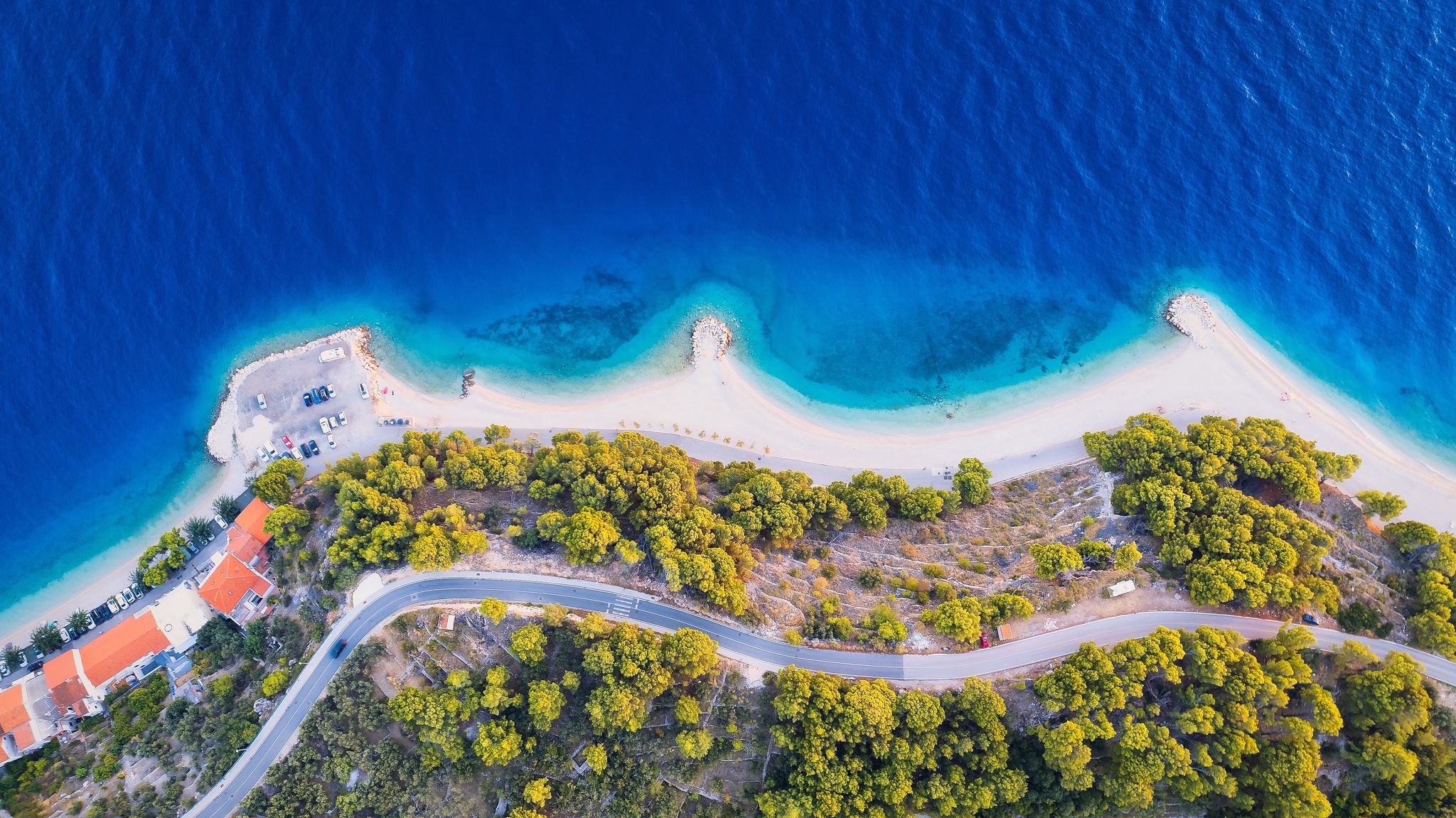 Photo of aerial view of gorgeous azure scene of summer Croatian landscape in Podgora, Dalmatia, Croatia.