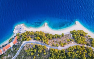 Photo of aerial view of gorgeous azure scene of summer Croatian landscape in Podgora, Dalmatia, Croatia.