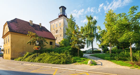 Photo of famous Lotrscak Tower in the old historic upper town of Zagreb, Croatia.