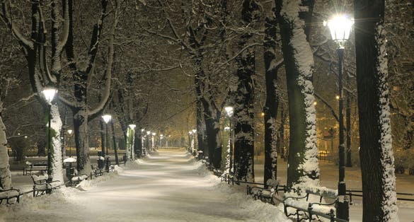 Night view of Planty park in winter, Cracow, Poland