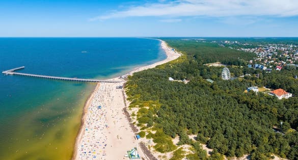 Aerial view of the beach and sea shore in Palanga, Lithuania. Beach town in Palanga.
