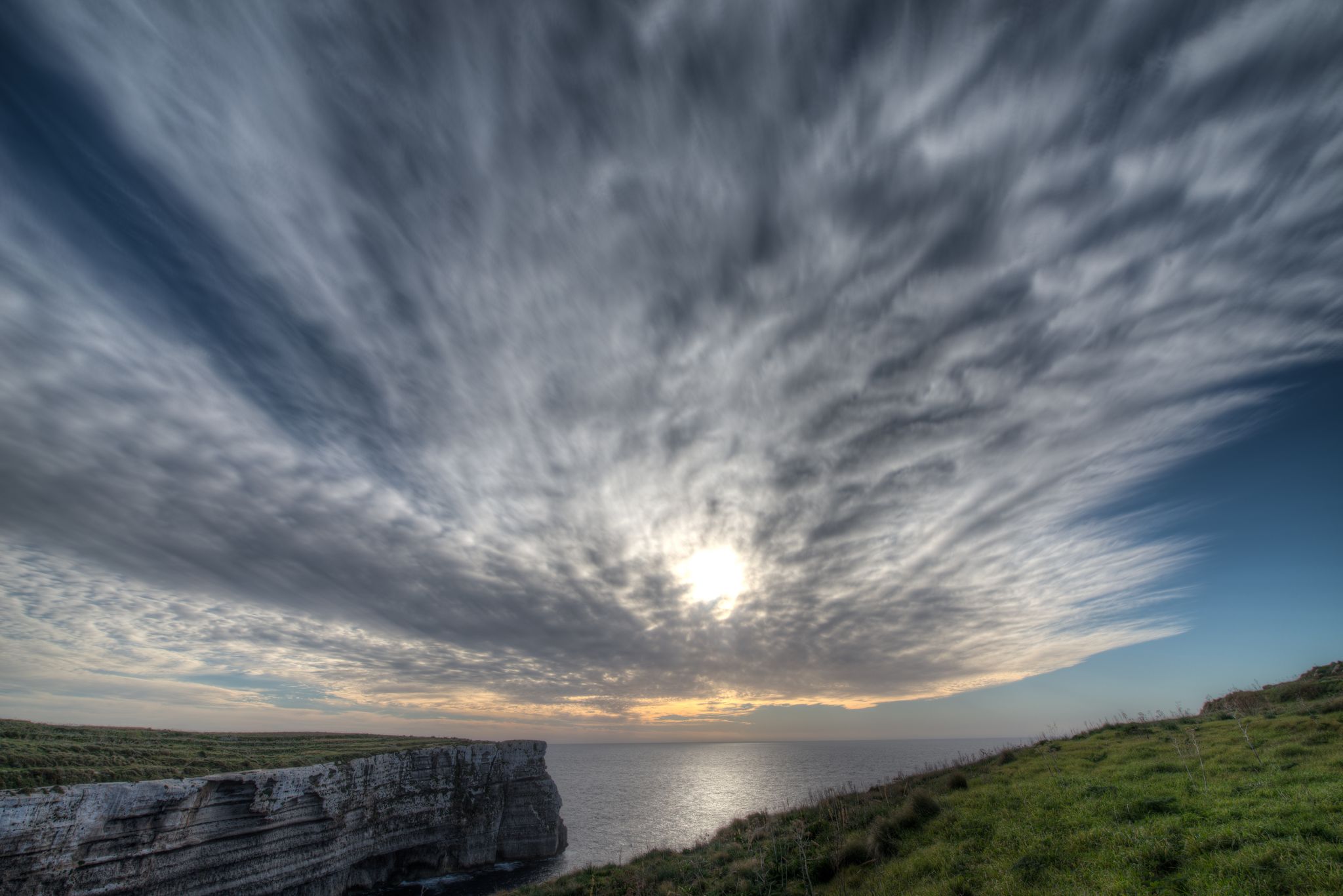 Cloudy sky over ras id-Dawwara, in Migra Ferha, Malta on a winter afternoon.