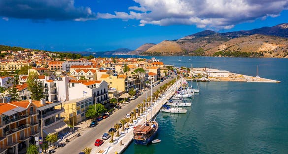 Photo of aerial drone view of Argostoli (Argostolion), famous city and capital of Cefalonia (Kefalonia) island, Ionian islands, Greece.