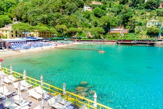 Bay of Paraggi in Santa Margherita Ligure with paradise white beach, close to Portofino. Mediterranean sea of Italy.