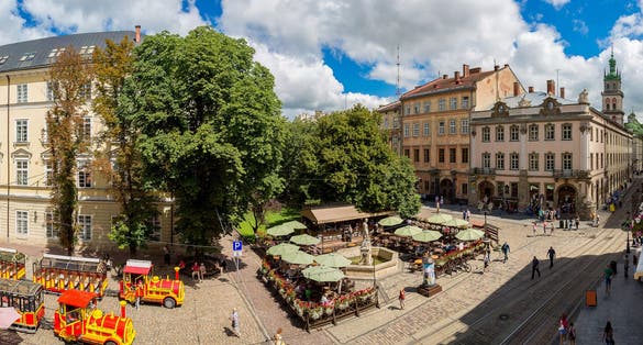 Photo of market square historical and tourist centre of Lviv, Ukraine. 