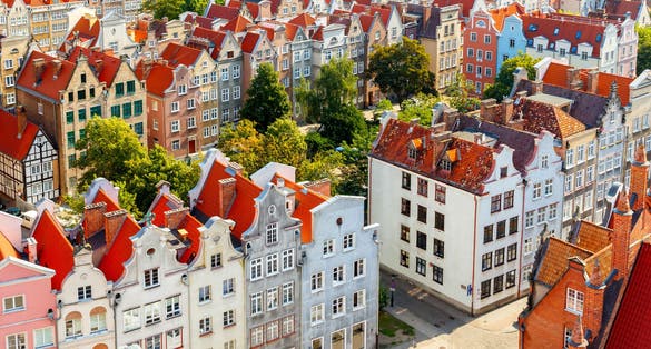 Photo of the view from the observation deck of St Mary's Cathedral in the historic center of Gdansk, Poland.