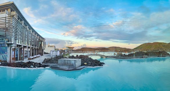 photo of panoramic view of hot spring Blue Lagoon, Iceland.