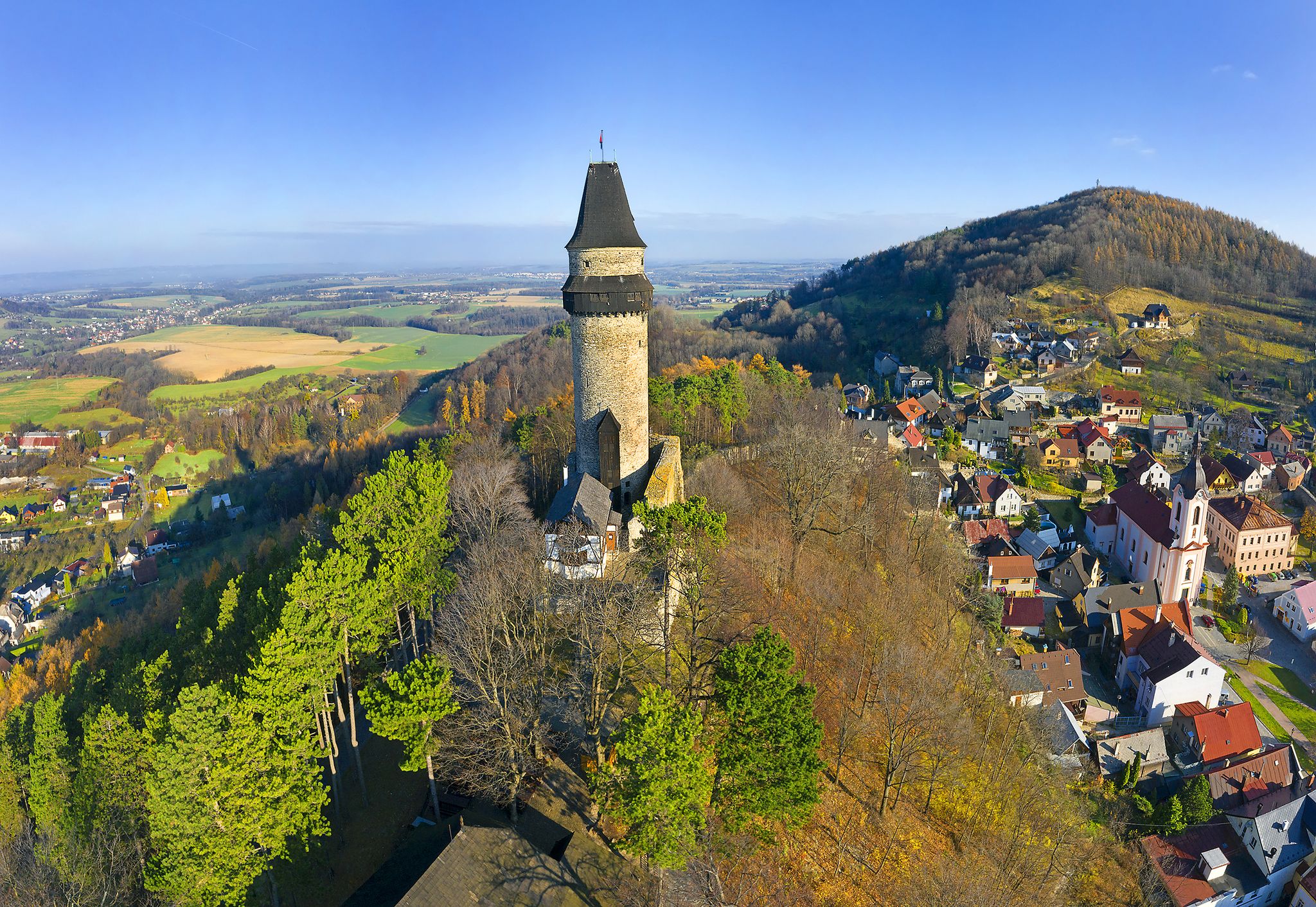 Photo of Medieval town of Stramberk with gothic castle and Truba Tower, Moravia, Czech Republic.