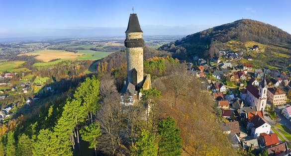 Photo of Medieval town of Stramberk with gothic castle and Truba Tower, Moravia, Czech Republic.