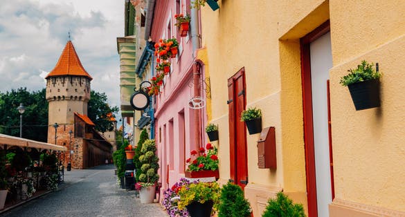 Photo of Medieval old town, Carpenters tower and Cetatii street in Sibiu, Romania .