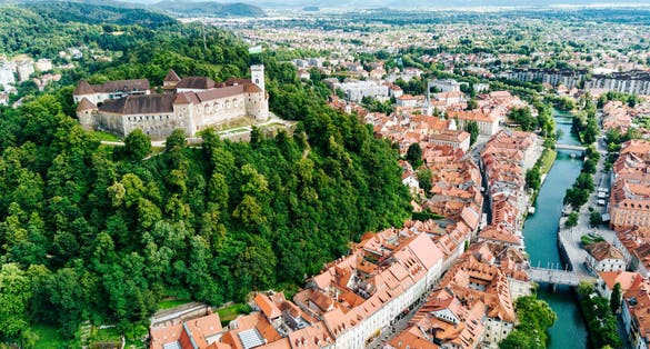 Photo of aerial view of Ljubljana, capital of Slovenia.