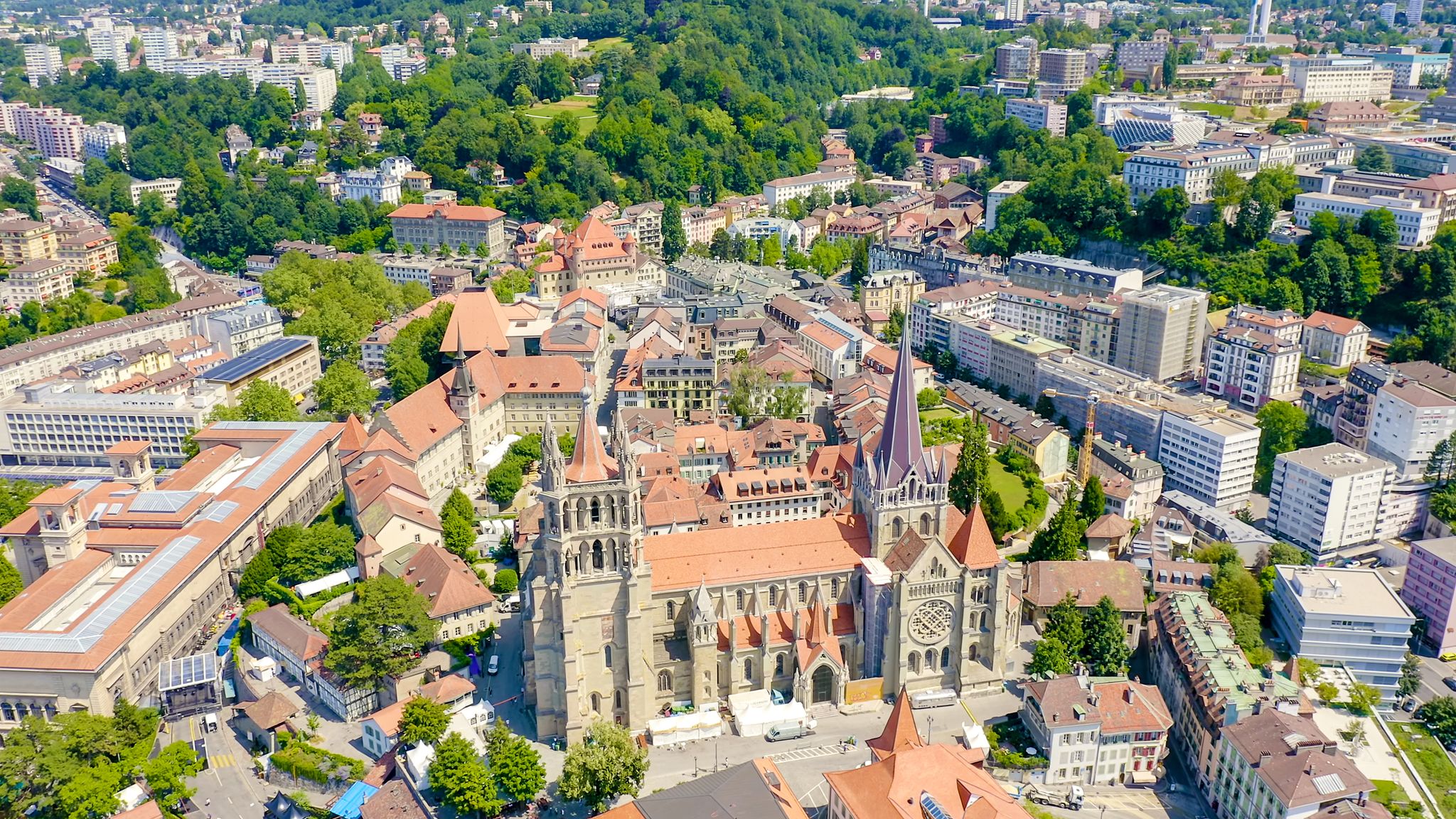 photo of aerial view of Lausanne, Switzerland. Cathedral of Lausanne.