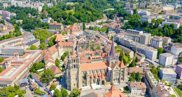 photo of aerial view of Lausanne, Switzerland. Cathedral of Lausanne.