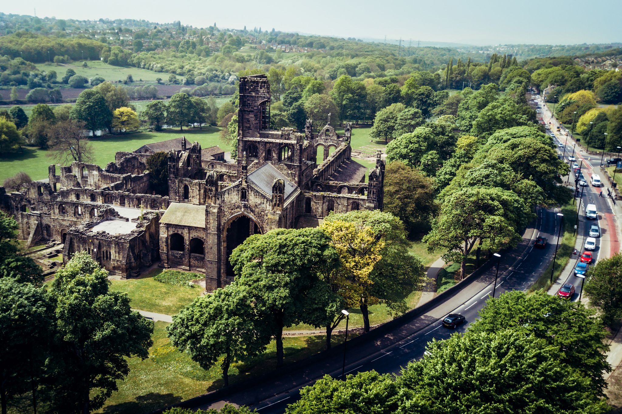 Photo of aerial view of the Kirkstall Abbey in Leeds, UK.
