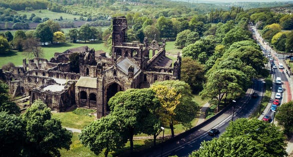 Photo of aerial view of the Kirkstall Abbey in Leeds, UK.