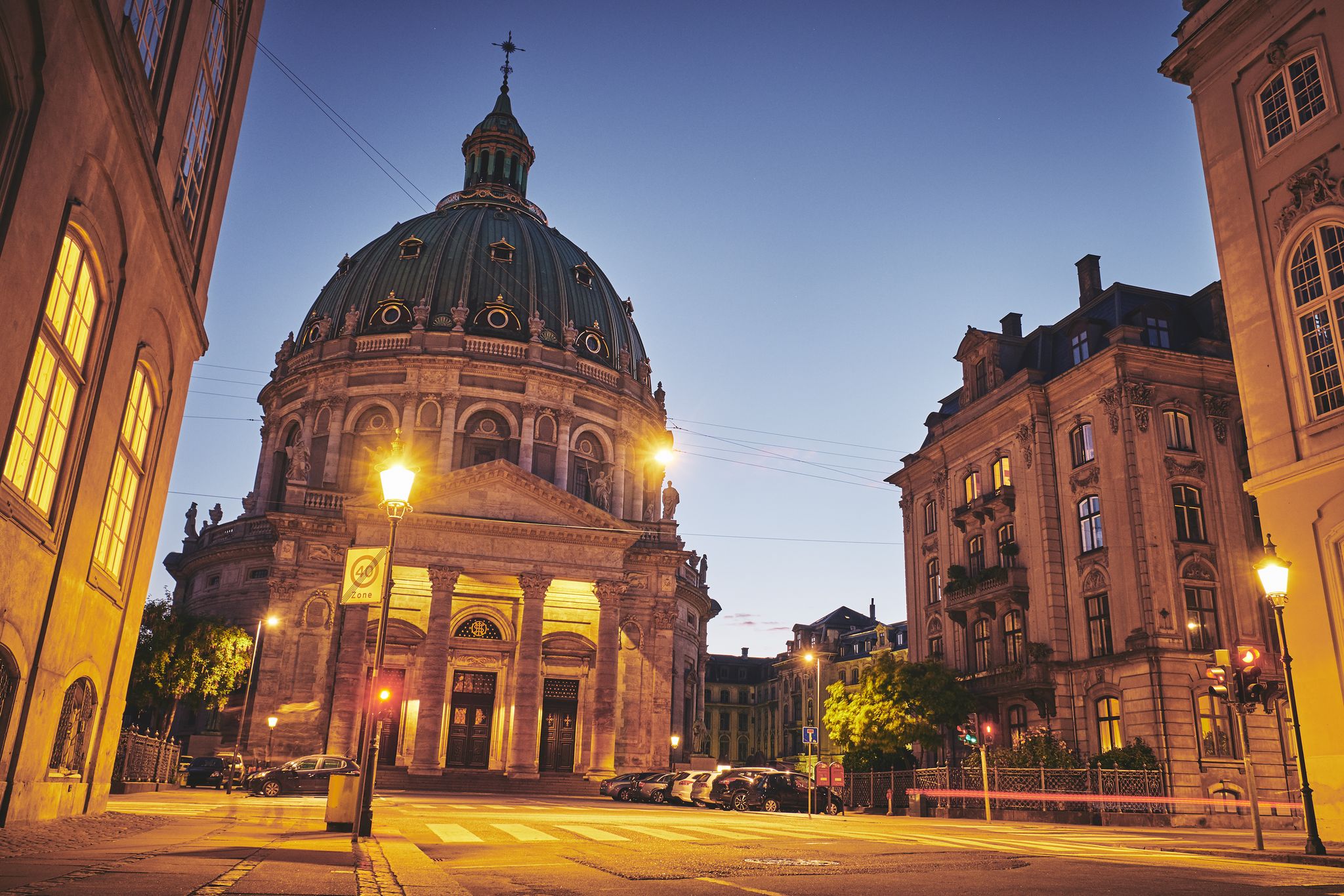 Photo of Frederik's Church at night, popularly known as The Marble Church in Copenhagen, Denmark.