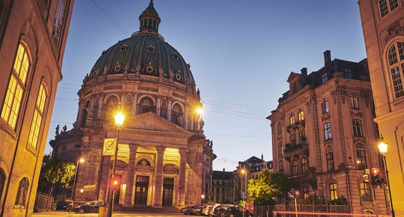 Photo of Frederik's Church at night, popularly known as The Marble Church in Copenhagen, Denmark.