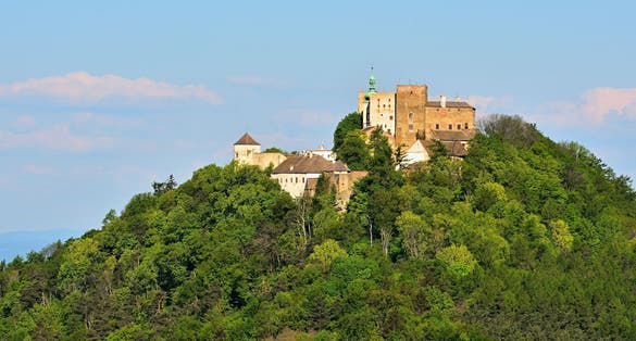 Photo of aerial view of Castle Buchlov, The first building of the castle dates back to the 13th century. Buchlov is one of the oldest castles in the Czech Republic.