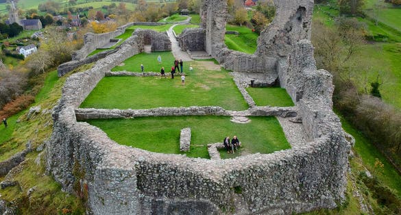 Photo of aerial view Montgomery Castle in Powys, Wales.
