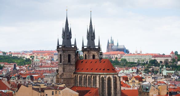 Photo of aerial view of Church of Our Lady before Týn in Old Town Square in Prague, Czech Republic.
