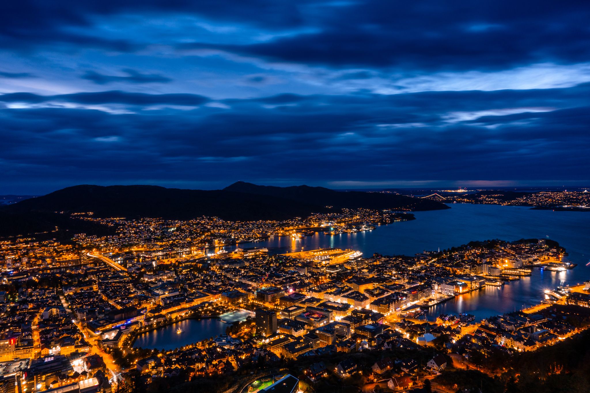 A long expose cityscape of Bryggen in evening, Norway.