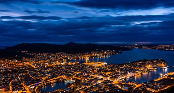A long expose cityscape of Bryggen in evening, Norway.
