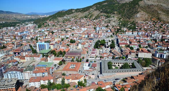 Photo of aerial view of Tokat city located in the north of Turkey. It is famous for its old houses, mosques and castle.