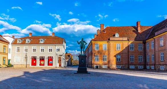 Torvet square in Fredrikstad with statue of the founder of the city - king Fredrik II, Norway