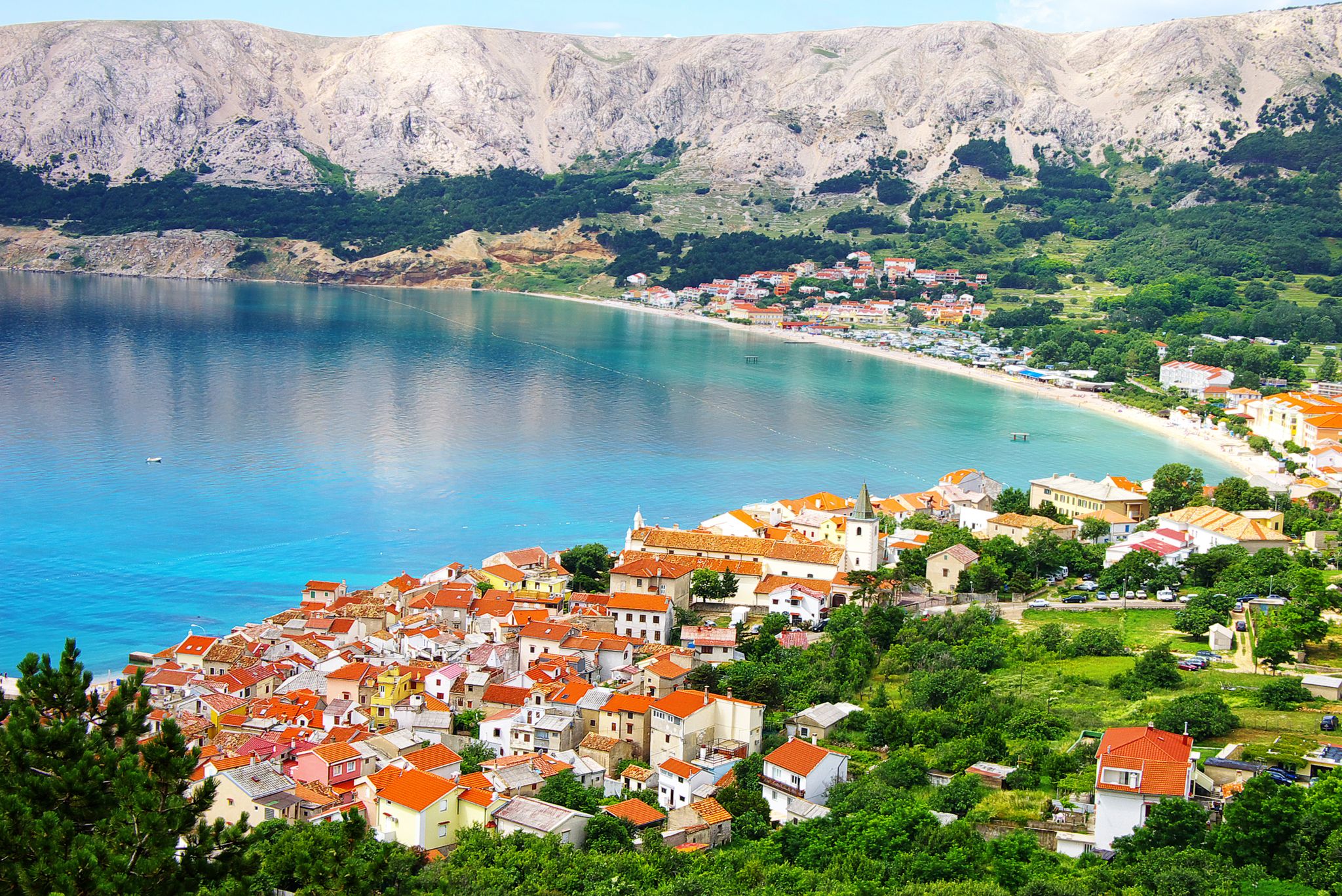Photo of panoramic aerial view of Baska town, Krk, Croatia.