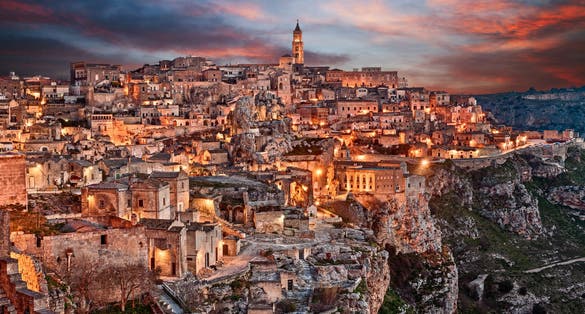 Matera, Basilicata, Italy: landscape at dawn of the old town (sassi di Matera), European Capital of Culture.