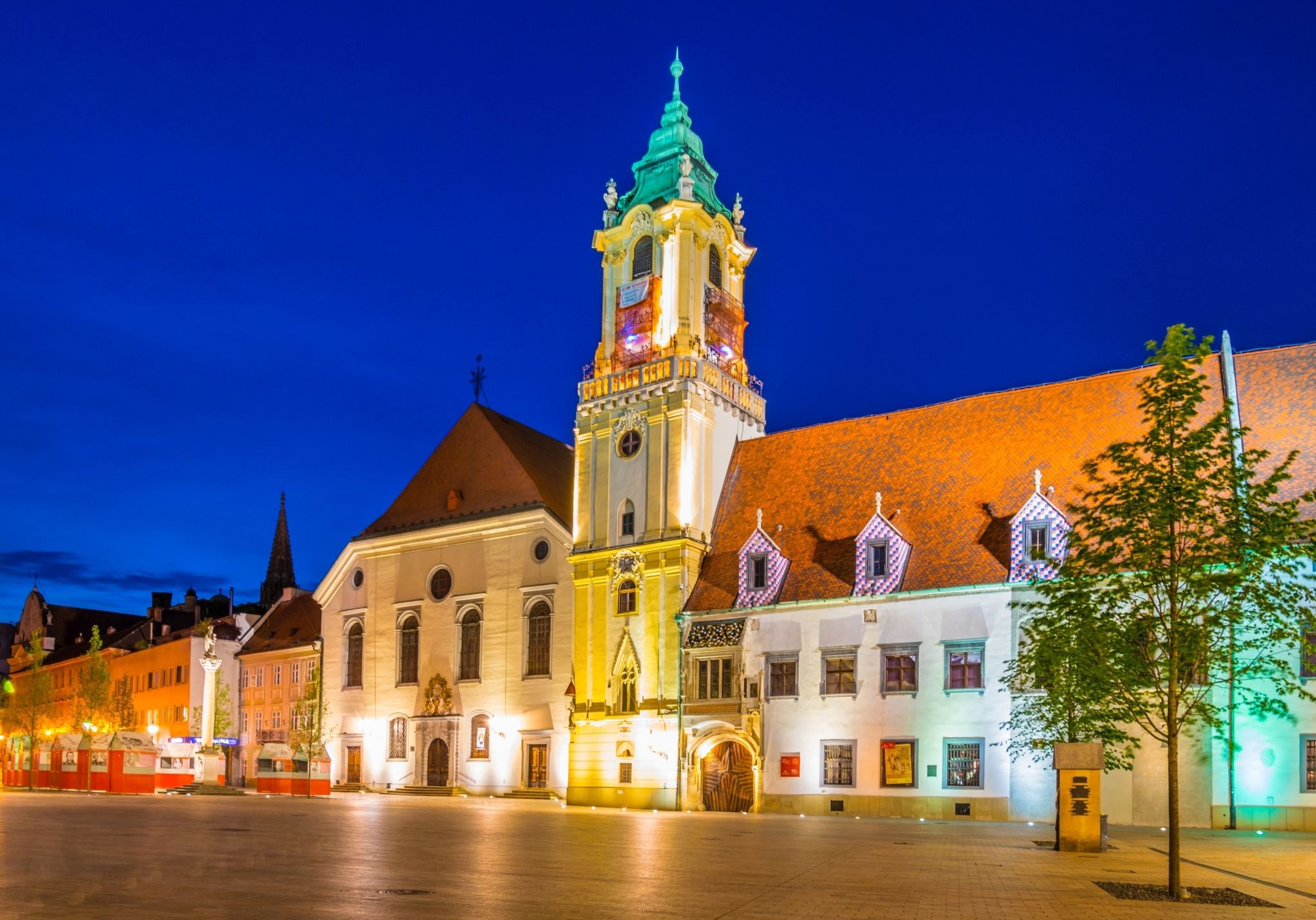 Photo of Old town hall in bratislava situated on the hlavne namestie (the main square) during night, Slovakia.