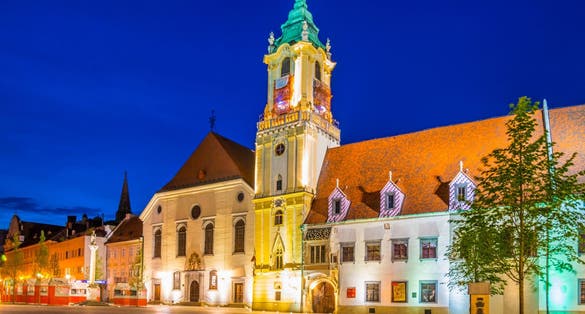 Photo of Old town hall in bratislava situated on the hlavne namestie (the main square) during night, Slovakia.