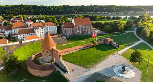 photo of aerial view of kaunas castle, originally built during the mid-14th century, situated in kaunas, Lithuania.