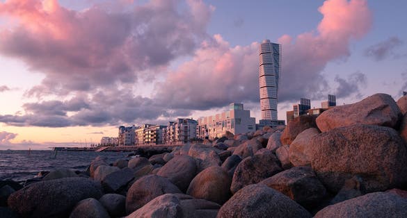 photo of Turning Torso in beautiful sunset in Malmo, Sweden.