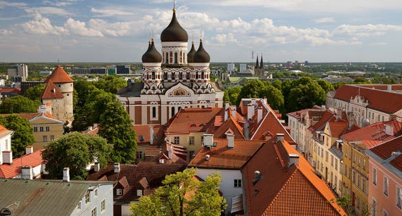 Photo of view from the Bell tower of Dome Church / St. Mary's Cathedral, Toompea hill at The Old Town and Russian Orthodox Alexander Nevsky Cathedral.