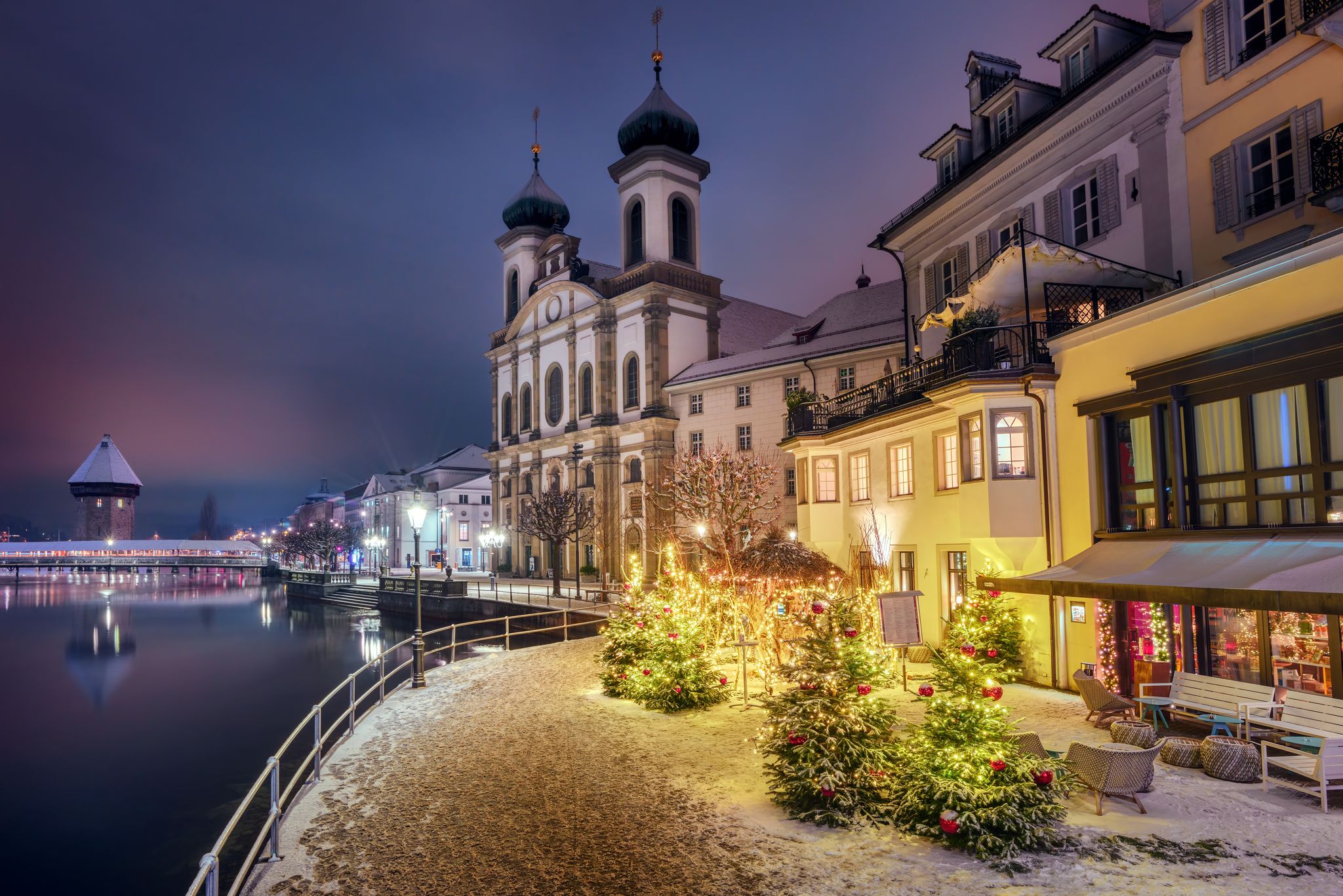 Christmas illumination on a winter night in Lucerne city, Switzerland
