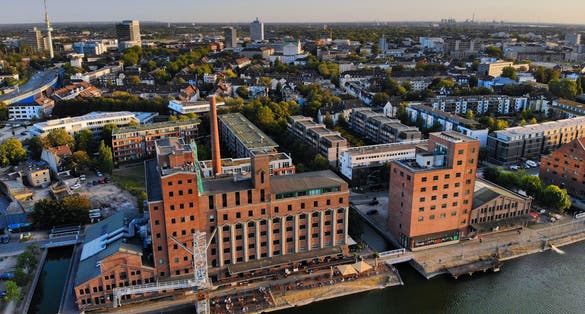 Photo of Inner Harbor (Innenhafen). Former industrial architecture, Duisburg, Germany.
