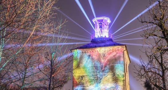 Photo of Festival of light in famous Lotrscak Tower in the old historic upper town of Zagreb, Croatia.