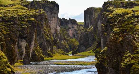 photo of Green Fjaðrárgljúfur canyon, near Kirkjubæjarklaustur village, South Coast of Iceland.