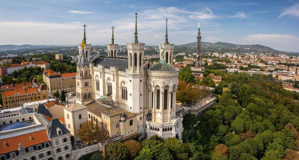 Aerial view of The Basilica of Notre-Dame de Fourvière and Lyon city.The Basilica of Notre-Dame de Fourvière is a minor basilica in Lyon.