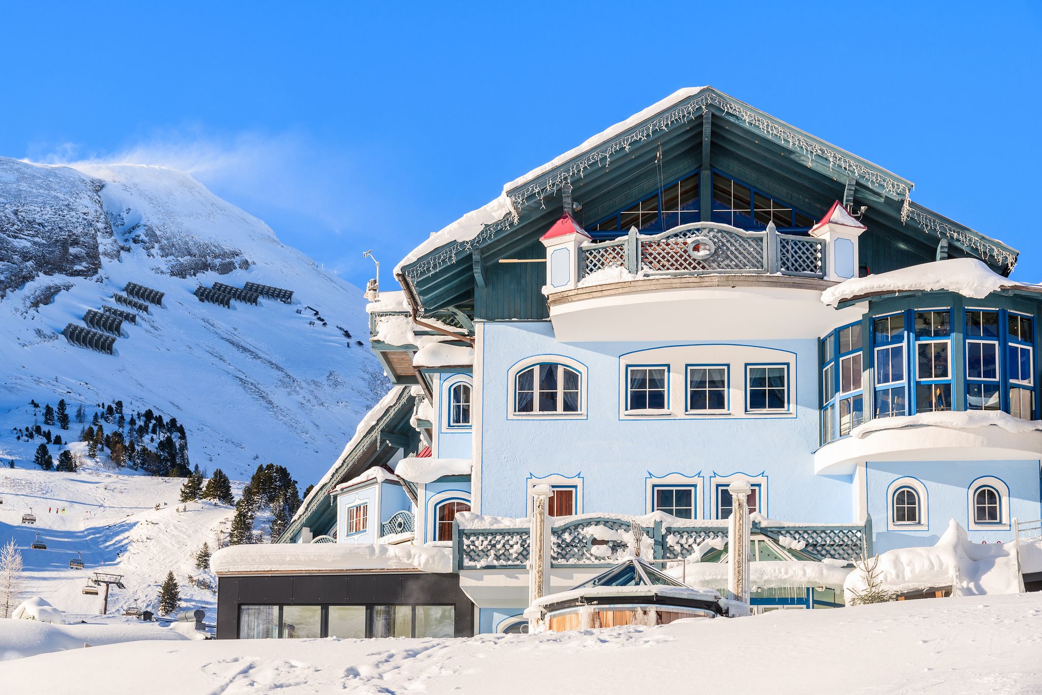 Photo of aerial view of Obertauern mountain village in winter season, Austria.
