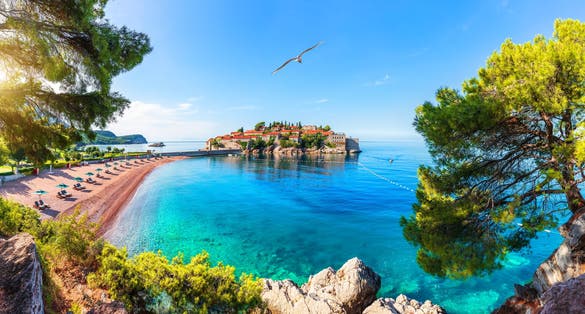 Photo of Sveti Stefan island from the rock, Budva riviera, Montenegro.