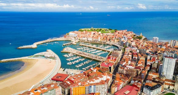 Gijon marina aerial panoramic view. Gijon is the largest city of Asturias in Spain.